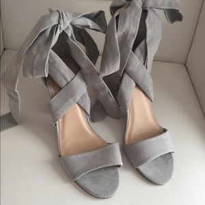 Cute grey suede sandal heels lace up ribbon